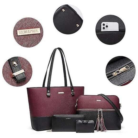 Women Fashion Synthetic Leather Handbags Tote Bag Shoulder Bag Black&purple - Picture 3 of 6